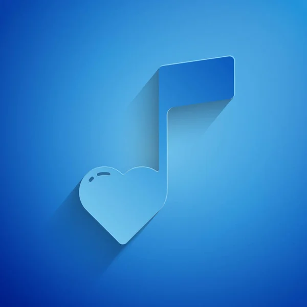 Paper cut Music note, tone with hearts icon isolated on blue background. Valentines day. Paper art style. Vector Illustration — 스톡 벡터