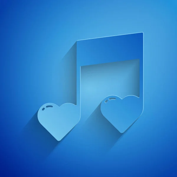 Corte de papel Nota musical, tono con el icono de corazones aislado sobre fondo azul. Día de San Valentín. Estilo de arte de papel. Ilustración vectorial — Vector de stock