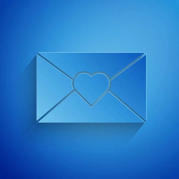 파란색 배경에 고립 된 발렌타인 하트 아이콘종이 봉투를 잘라. 메시지 사랑. 편지 사랑과 로맨스. 종이 아트 스타일입니다. 벡터 일러스트레이션 — 스톡 벡터