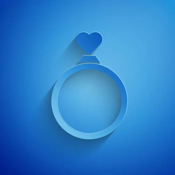 Paper cut Wedding rings icon isolated on blue background. Bride and groom jewelry sign. Marriage symbol. Diamond ring. Paper art style. Vector Illustration — 스톡 벡터