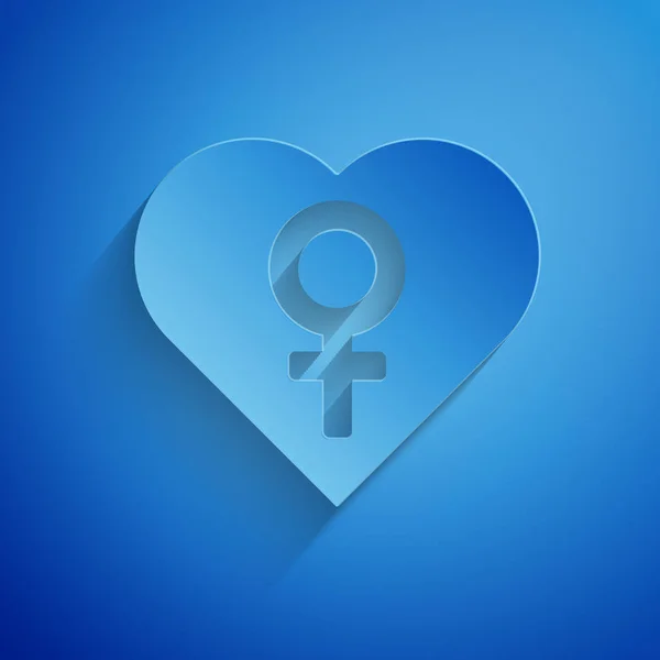 Paper cut Heart with female gender symbol icon isolated on blue background. Venus symbol. The symbol for a female organism or woman. Paper art style. Vector Illustration — 스톡 벡터