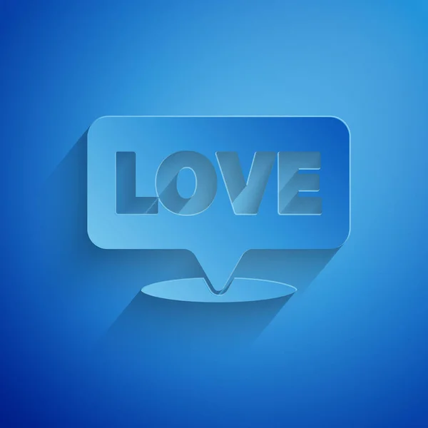 Papiergeschnittene Sprechblase mit Text-Love-Symbol isoliert auf blauem Hintergrund. Valentinstag. Papierkunst. Vektorillustration — Stockvektor