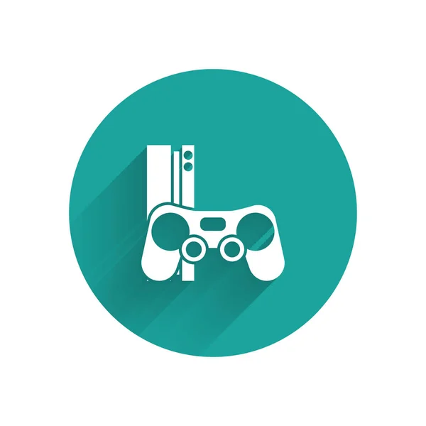 White Video game console with joystick icon isolated with long shadow. Green circle button. Vector Illustration — 스톡 벡터