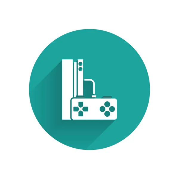 White Video game console with joystick icon isolated with long shadow. Green circle button. Vector Illustration — 스톡 벡터