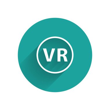 Uzun gölgeli beyaz sanal gerçeklik gözlüğü simgesi. Stereoskopik 3D VR maskesi. Yeşil daire düğmesi. Vektör İllüstrasyonu
