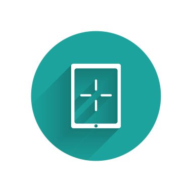 Uzun gölgeli beyaz taşınabilir video oyun konsolu simgesi. Av alanı tabelası. Oyun konsepti. Yeşil daire düğmesi. Vektör İllüstrasyonu