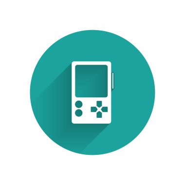 Uzun gölgeli beyaz taşınabilir video oyun konsolu simgesi. Av alanı tabelası. Oyun konsepti. Yeşil daire düğmesi. Vektör İllüstrasyonu