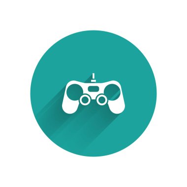 Beyaz Av Alanı simgesi uzun gölgeli izole edildi. Oyun kontrolörü. Yeşil daire düğmesi. Vektör İllüstrasyonu