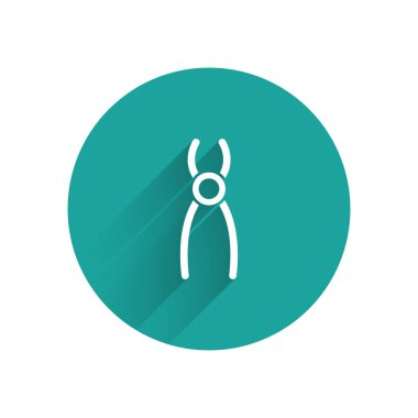 Beyaz dişçi kerpeten simgesi uzun gölgeli. Diş aletleri. Yeşil daire düğmesi. Vektör İllüstrasyonu