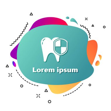 Beyaz diş koruma simgesi beyaz arkaplanda izole edildi. Kalkan logosunda diş. Sıvı şekilli soyut pankart. Vektör İllüstrasyonu