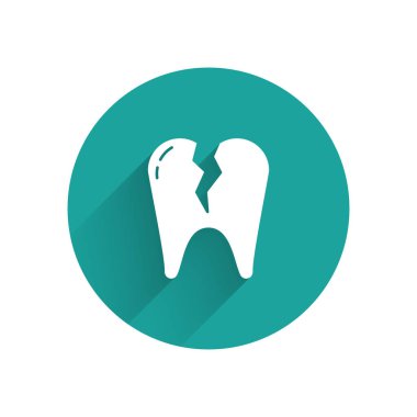 Beyaz kırık diş ikonu uzun gölgeli izole edilmiş. Diş problemi ikonu. Diş sağlığı sembolü. Yeşil daire düğmesi. Vektör İllüstrasyonu