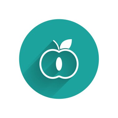 Beyaz Apple simgesi uzun gölge ile izole. Yaprak sembolü olan meyve. Yeşil daire düğmesi. Vektör İllüstrasyonu