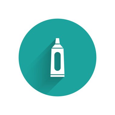 Uzun gölgeli beyaz diş macunu ikonu. Yeşil daire düğmesi. Vektör İllüstrasyonu