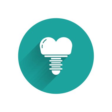 Uzun gölgeli beyaz diş implantı simgesi. Yeşil daire düğmesi. Vektör İllüstrasyonu