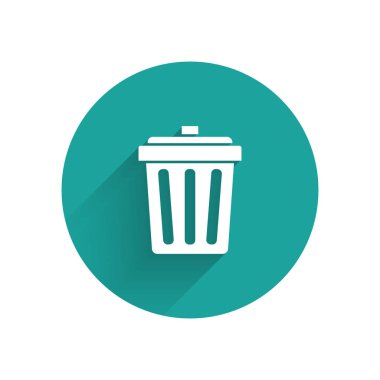 Beyaz çöp kutusu uzun gölge ile izole edilebilir simgesi. Çöp kutusu işareti. Sepet simgesini geri dönüştürün. Office çöp kutusu simgesi. Yeşil daire düğmesi. Vektör Illustration