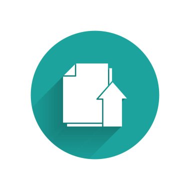 Beyaz Gönder dosya simgesi uzun gölgeyle izole edildi. Belge oku. Yeşil daire düğmesi. Vektör İllüstrasyonu