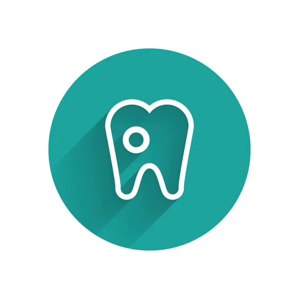 White Tooth with caries icon isolated with long shadow. Tooth decay. Green circle button. Vector Illustration — 스톡 벡터