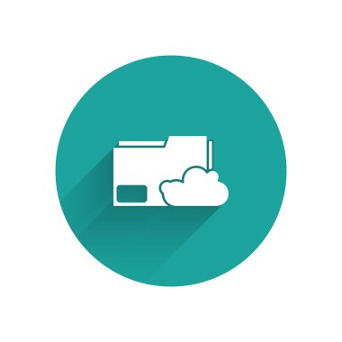 Beyaz Bulut metin dosyası klasörü simgesi uzun gölgeyle izole edildi. Yeşil daire düğmesi. Vektör İllüstrasyonu