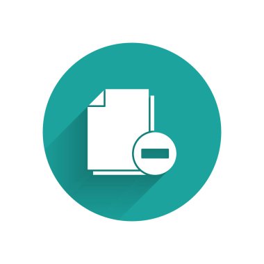 Uzun gölge ile yalıtılmış eksi simgeye sahip beyaz belge. Belgeyi temizle. Dosya belgesini kaldırın. Bilgi dosyasını silin. Yeşil daire düğmesi. Vektör Illustration