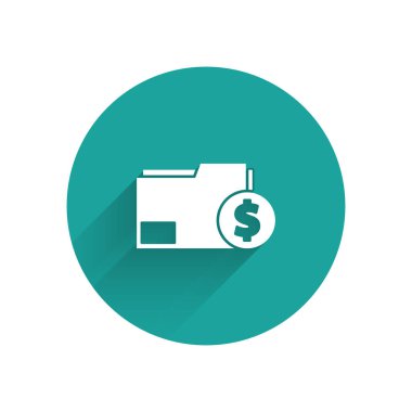 Beyaz Finans belge klasörü simgesi uzun gölgeyle izole edildi. Fatura ya da fatura konsepti için dolar sikkesi olan kağıt banka belgesi. Yeşil daire düğmesi. Vektör İllüstrasyonu