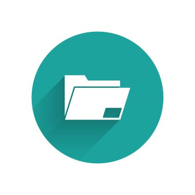 Beyaz Belge dosya simgesi uzun gölgeyle izole edildi. Muhasebe klasörü sembolü. Muhasebe yönetimi. Yeşil daire düğmesi. Vektör İllüstrasyonu