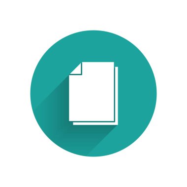 Beyaz Belge simgesi uzun gölge ile yalıtılmış. Dosya simgesi. Kontrol listesi simgesi. İş konsepti. Yeşil daire düğmesi. Vektör Illustration