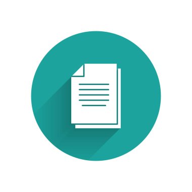 Beyaz Belge simgesi uzun gölge ile yalıtılmış. Dosya simgesi. Kontrol listesi simgesi. İş konsepti. Yeşil daire düğmesi. Vektör Illustration