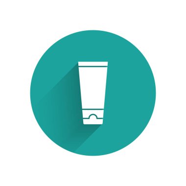 Beyaz Krem veya losyon kozmetik tüp ikonu uzun gölgeli izole edilmiş. Erkekler için vücut bakım ürünleri. Yeşil daire düğmesi. Vektör İllüstrasyonu