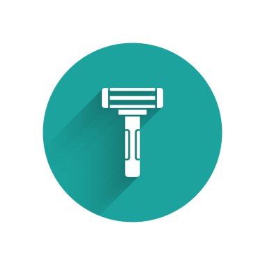 Uzun gölgeli beyaz tıraş bıçağı simgesi. Yeşil daire düğmesi. Vektör İllüstrasyonu