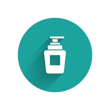 Uzun gölgeli beyaz şampuan ikonu. Yeşil daire düğmesi. Vektör İllüstrasyonu