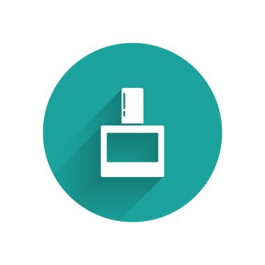 Uzun gölgeli beyaz tıraş losyonu ikonu. Parfüm spreyi ikonu. Erkek parfüm şişesi. Yeşil daire düğmesi. Vektör İllüstrasyonu