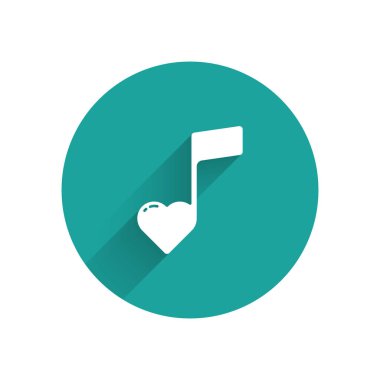 Beyaz müzik notası, uzun gölgeli izole kalp ikonu tonu. Sevgililer Günü. Yeşil daire düğmesi. Vektör İllüstrasyonu
