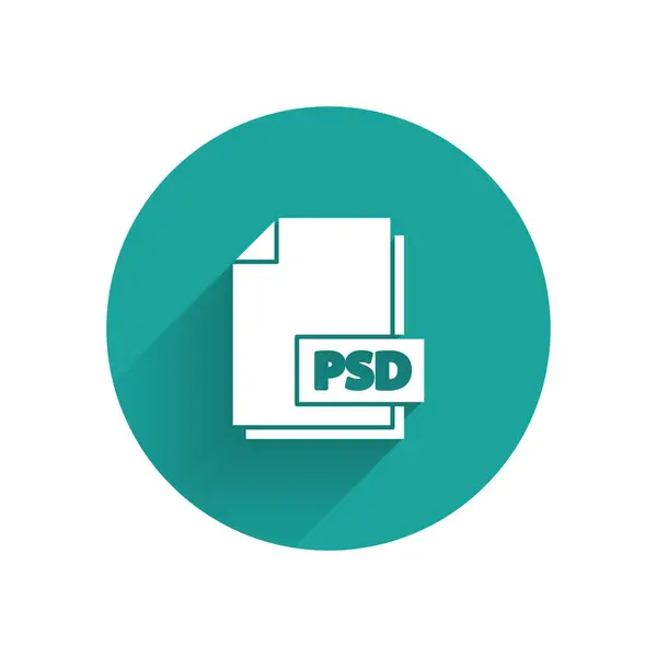 Beyaz PSD dosya belgesi. Uzun gölgeli psd simgesi indir. PSD dosya sembolü. Yeşil daire düğmesi. Vektör İllüstrasyonu — Stok Vektör