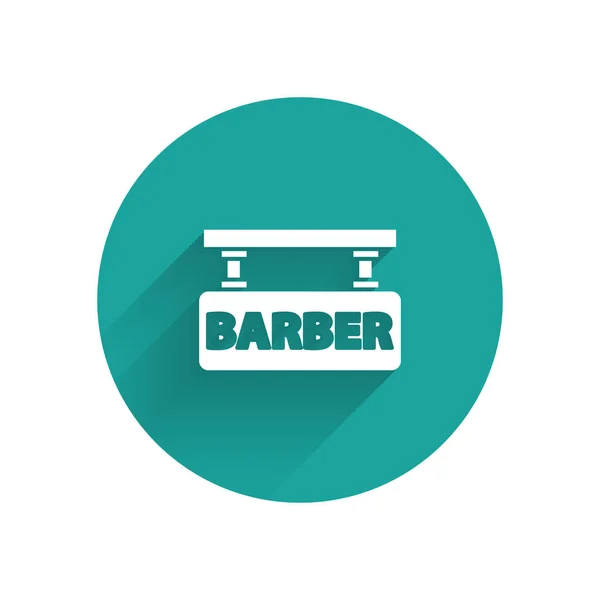White Barbershop icon isolated with long shadow. Hairdresser logo or signboard. Green circle button. Vector Illustration — Stock Vector