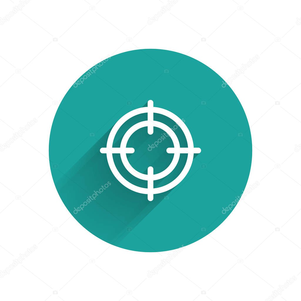 White Target sport icon isolated with long shadow. Clean target with numbers for shooting range or shooting. Green circle button. Vector Illustration