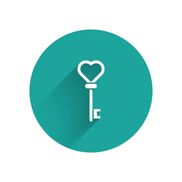 White Key in heart shape icon isolated with long shadow. Green circle button. Vector Illustration — Stock Vector