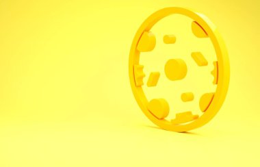 Sarı arkaplanda izole edilmiş sarı pizza ikonu. Fast food menüsü. Minimalizm kavramı. 3d illüstrasyon 3B canlandırma