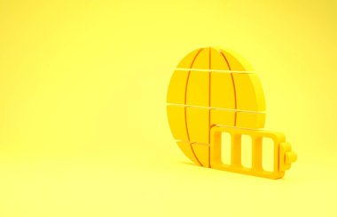 Sarı pil şarj seviyesi göstergesi, sarı arka planda Dünya küresi simgesi izole edildi. Dünya ya da Dünya işareti. Minimalizm kavramı. 3d illüstrasyon 3d canlandırma