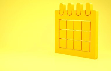 Sarı takvim simgesi sarı arkaplanda izole edildi. Olay hatırlatma sembolü. Minimalizm kavramı. 3d illüstrasyon 3B canlandırma