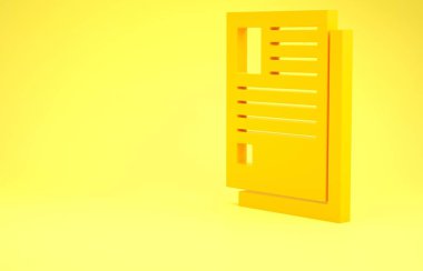 Sarı Dosya belgesi simgesi sarı arkaplanda izole edildi. Kontrol listesi simgesi. İş konsepti. Minimalizm kavramı. 3d illüstrasyon 3d canlandırma