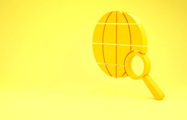 Sarı arka planda izole edilmiş dünya ikonu olan sarı büyüteç. Dünyayı analiz ediyorum. Küresel arama işareti. Minimalizm kavramı. 3d illüstrasyon 3B canlandırma