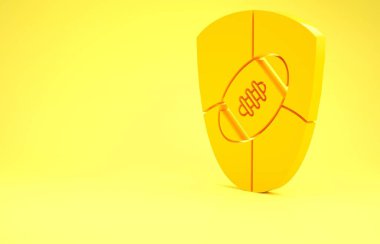 Sarı Amerikan futbolu ve kalkan ikonu sarı arka planda izole edildi. Ragbi topu ikonu. Takım spor sembolü. Minimalizm kavramı. 3d illüstrasyon 3d canlandırma