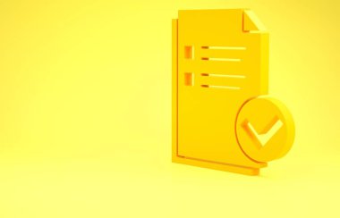 Sarı Belge ve işaretleme simgesi sarı arkaplanda izole edildi. Kontrol listesi simgesi. İş konsepti. Minimalizm kavramı. 3d illüstrasyon 3d canlandırma