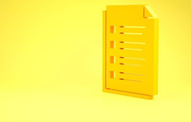 Sarı Dosya belgesi simgesi sarı arkaplanda izole edildi. Kontrol listesi simgesi. İş konsepti. Minimalizm kavramı. 3d illüstrasyon 3d canlandırma