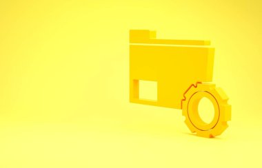 Sarı arkaplanda izole edilmiş şanzıman simgesine sahip Sarı Dizin ayarları. Yazılım güncellemesi, transfer protokolü, takım çalışması araç yönetimi, kopyalama süreci. Minimalizm kavramı. 3d illüstrasyon 3d canlandırma
