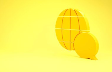 Sarı arkaplanda izole edilmiş konuşma baloncuğu simgesinden yapılmış Sarı Dünya haritası. Dünya 'daki küresel iletişim şeması. Minimalizm kavramı. 3d illüstrasyon 3d canlandırma