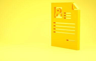 Sarı Özgeçmiş simgesi sarı arkaplanda izole edildi. Özgeçmiş başvurusu. Profesyonel personel aranıyor. Personel analizi devam ediyor. Minimalizm kavramı. 3d illüstrasyon 3d canlandırma