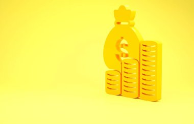 Sarı para çantası ve para ikonu sarı arka planda izole edilmiş. Dolar ya da Usd sembolü. Nakit bankacılık tabelası. Minimalizm kavramı. 3d illüstrasyon 3d canlandırma