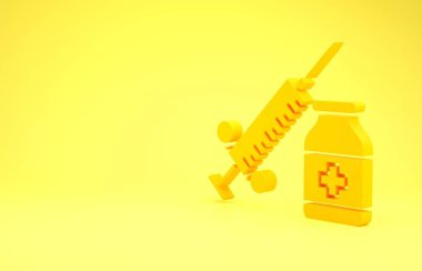 Sarı arka planda izole edilmiş iğne ve şişe veya ampul ikonlu sarı tıbbi şırınga. Aşı, iğne, aşı, insülin konsepti. Minimalizm kavramı. 3d illüstrasyon 3d canlandırma