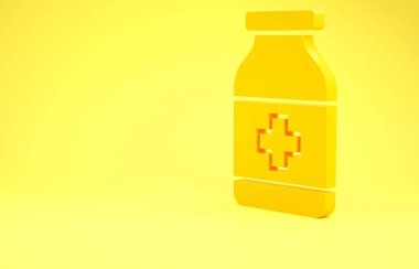 Sarı ilaç şişesi ikonu sarı arka planda izole edilmiş. Şişe hapı işareti. Eczane tasarımı. Minimalizm kavramı. 3d illüstrasyon 3d canlandırma